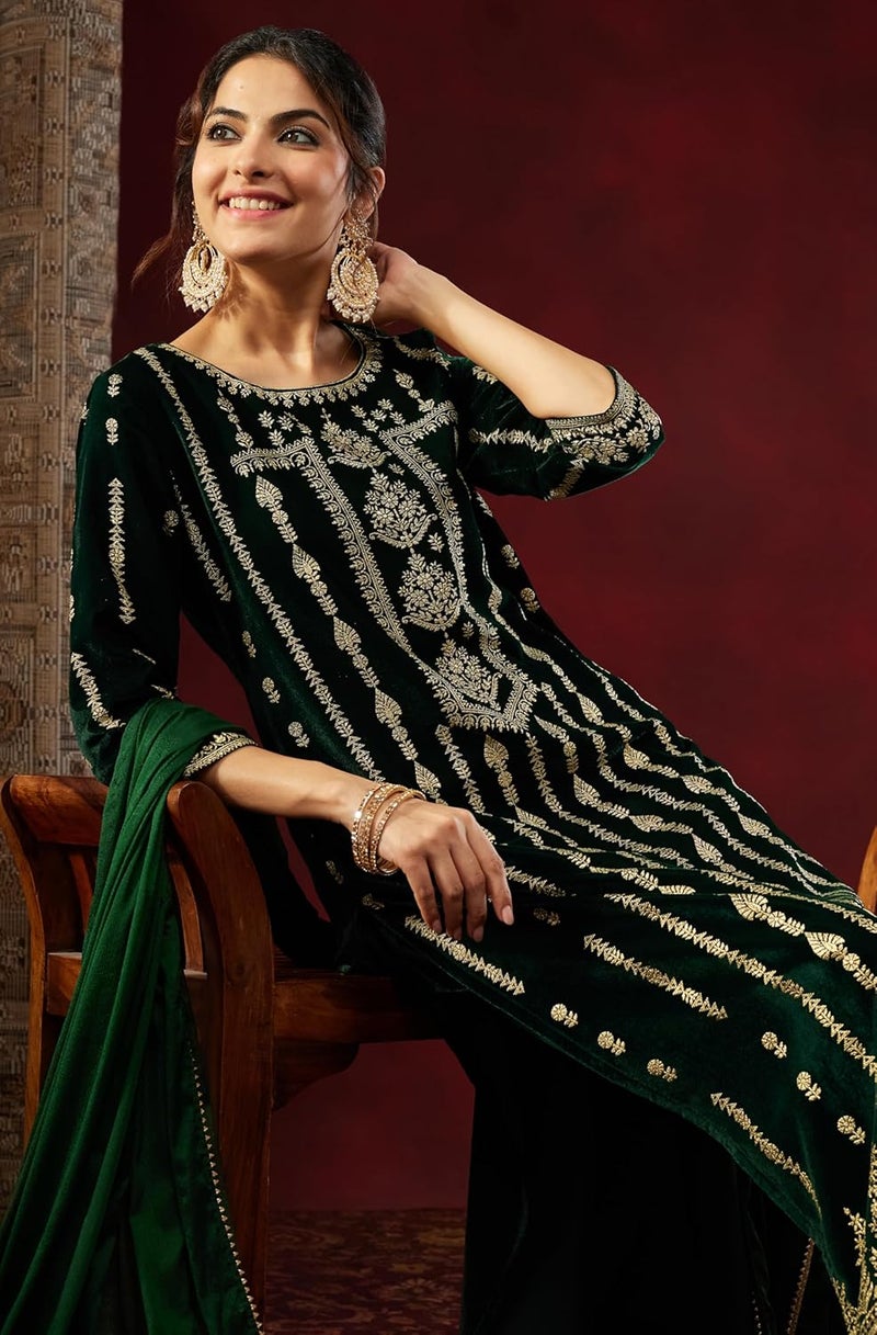 Janasya Women's Bottle Green Velvet Embellished Gold Printed Straight Kurta Set - Image 2